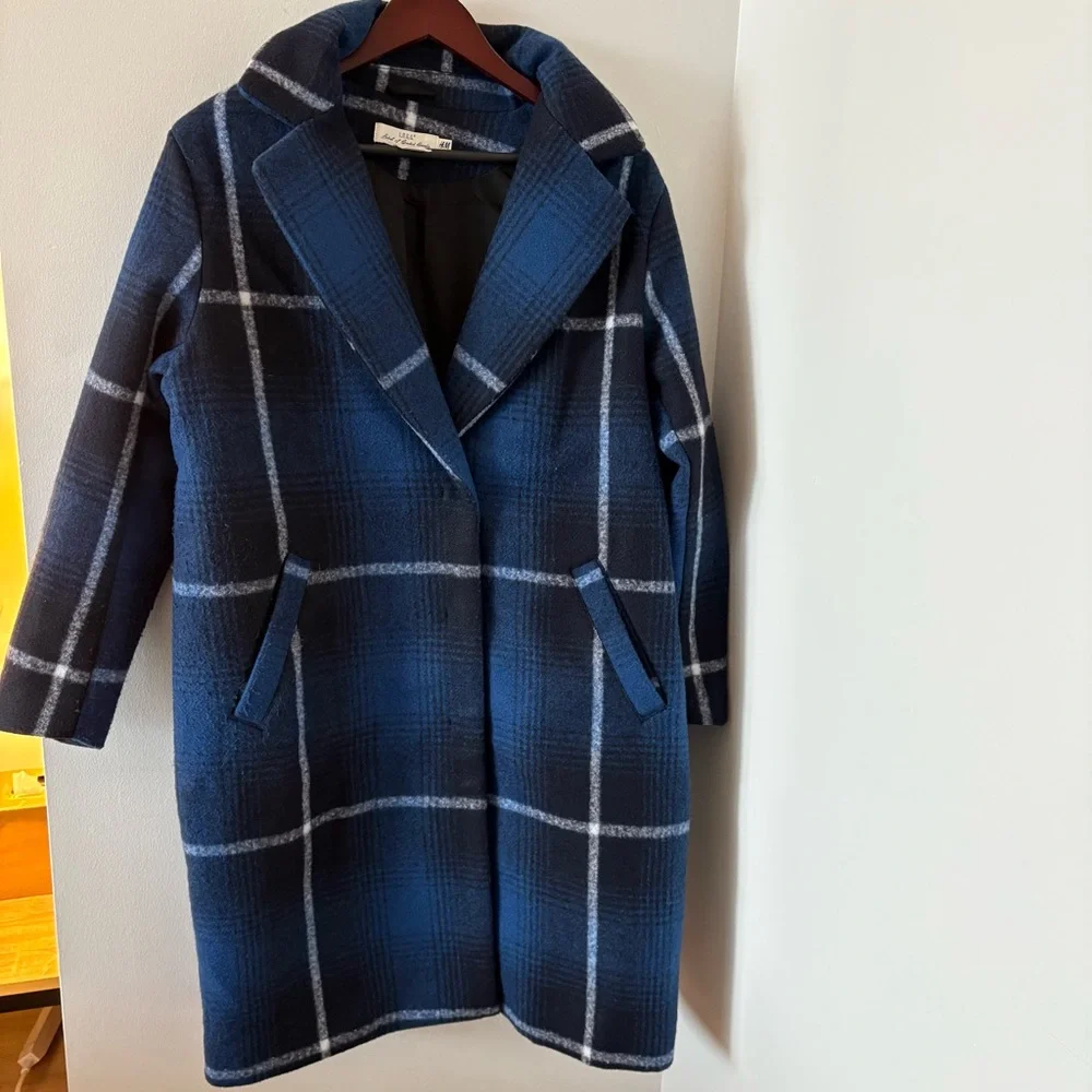 H&M Felted Oversized Coat Check Plaid Dark Blue Size M Bloggers' Favorite - Picture 5 of 15